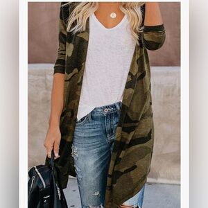 Camouflage Open Front Long Cardigan